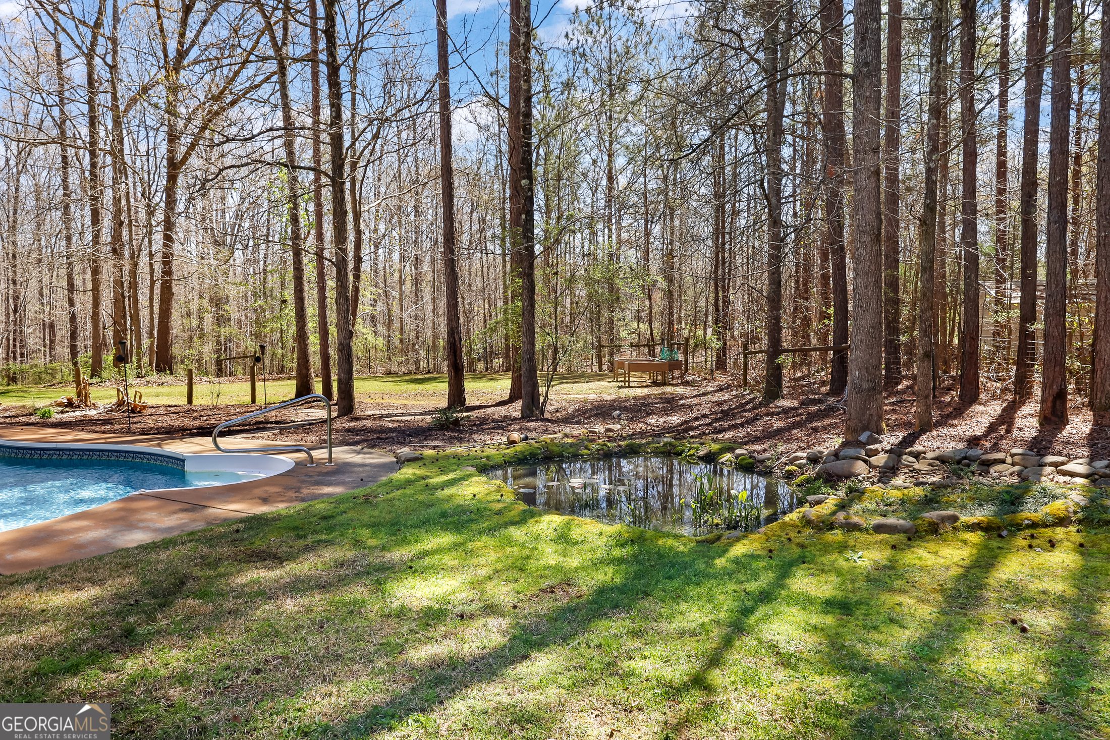 Photographed backyard with pool, deck, and wooded setting